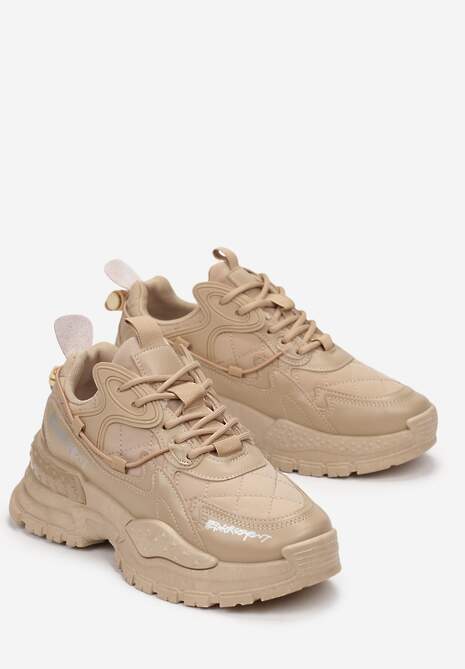 Ciemnobeżowe Sneakersy na Masywnej Podeszwie z Napisami Moisa