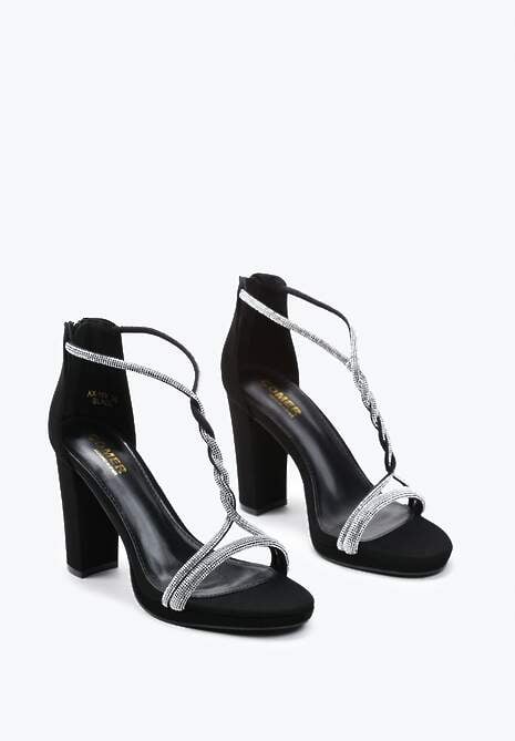 Czarne Sandały na Wysokim Słupku z Cyrkoniami na Cienkich Przeplecionych Paskach Tabena