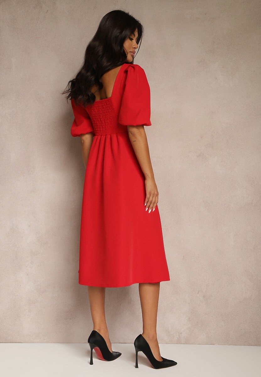 Czerwona Rozkloszowana  Sukienka Ozdobiona Bufiastymi Rękawami Melianis