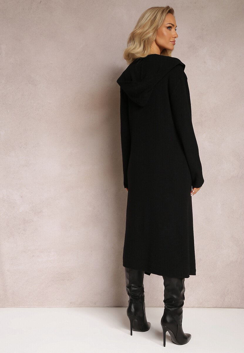 Czarny Dzianinowy Komplet Sukienka Midi i Kardigan z Kapturem Atessia