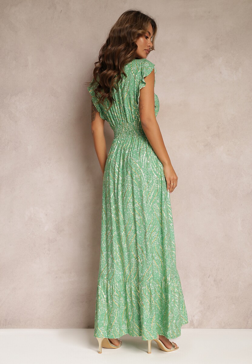 Zielona Sukienka Maxi z Metaliczną Aplikacją Wykonana z Wiskozy Akella