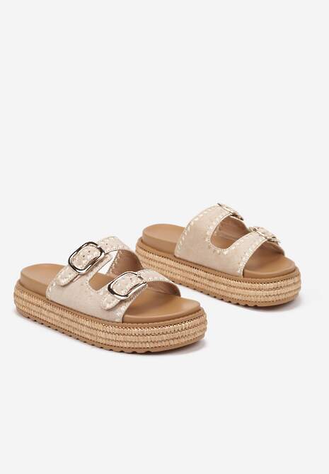 Beżowe Klapki na Platformie Ozdobione Geometrycznym Motywem i Klamrami Neorian