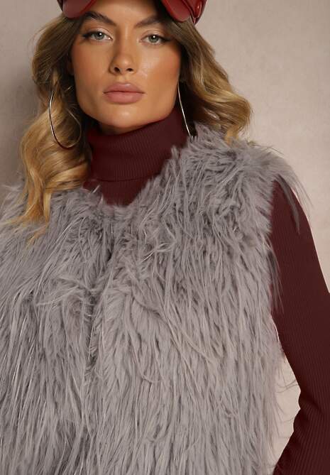 Szara Futerkowa Kamizelka o Prostym Kroju z Kieszeniami Venialith