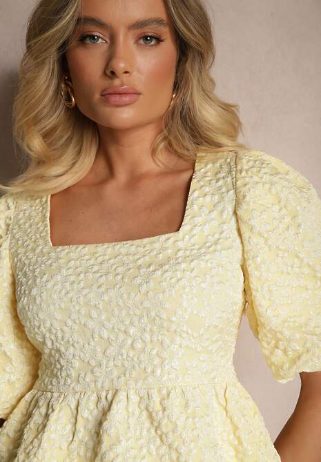 Żółta Bluzka we Wzór w Kwiaty z Falbaną i Bufiastymi Rękawami Gonavira