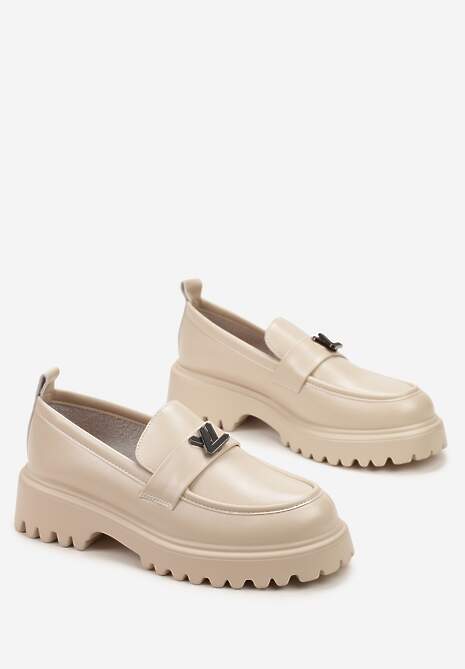 Beżowe Mokasyny z Metalową Klamrą na Grubej Podeszwie ze Żłobieniami Anisle