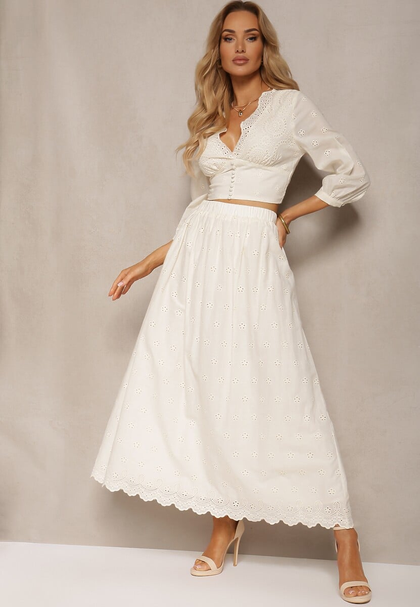 Biała Bawełniana Rozkloszowana Spódnica z Haftem Podszewką i Gumką w Pasie Illonica