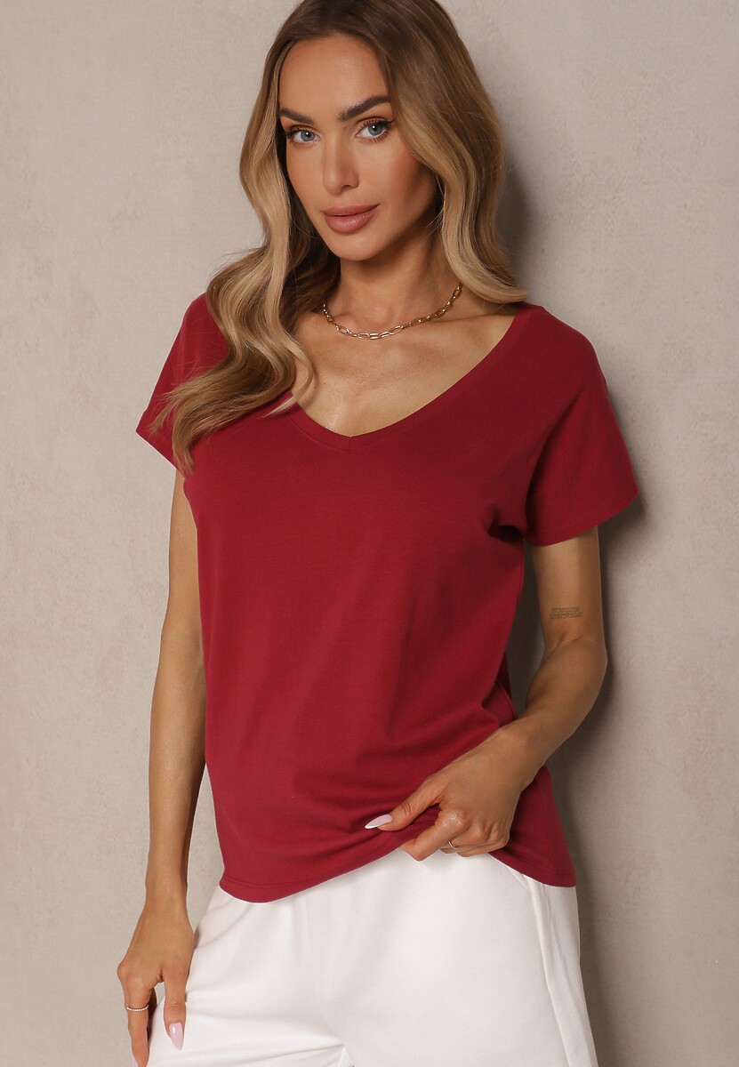 Bordowy T-shirt z Bawełny z Dekoltem w Serek Linithiela