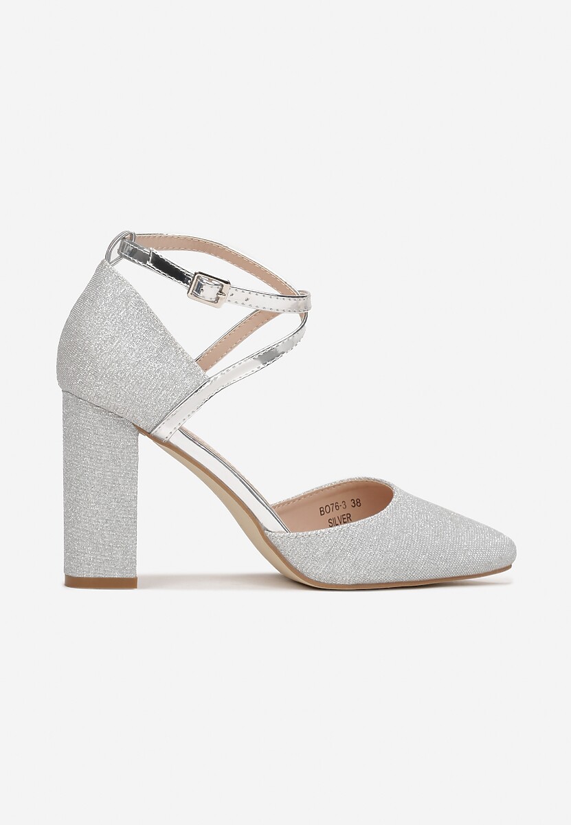 Srebrne Brokatowe Czółenka na Słupkowym Obcasie ze Szpiczastym Noskiem Soumaya