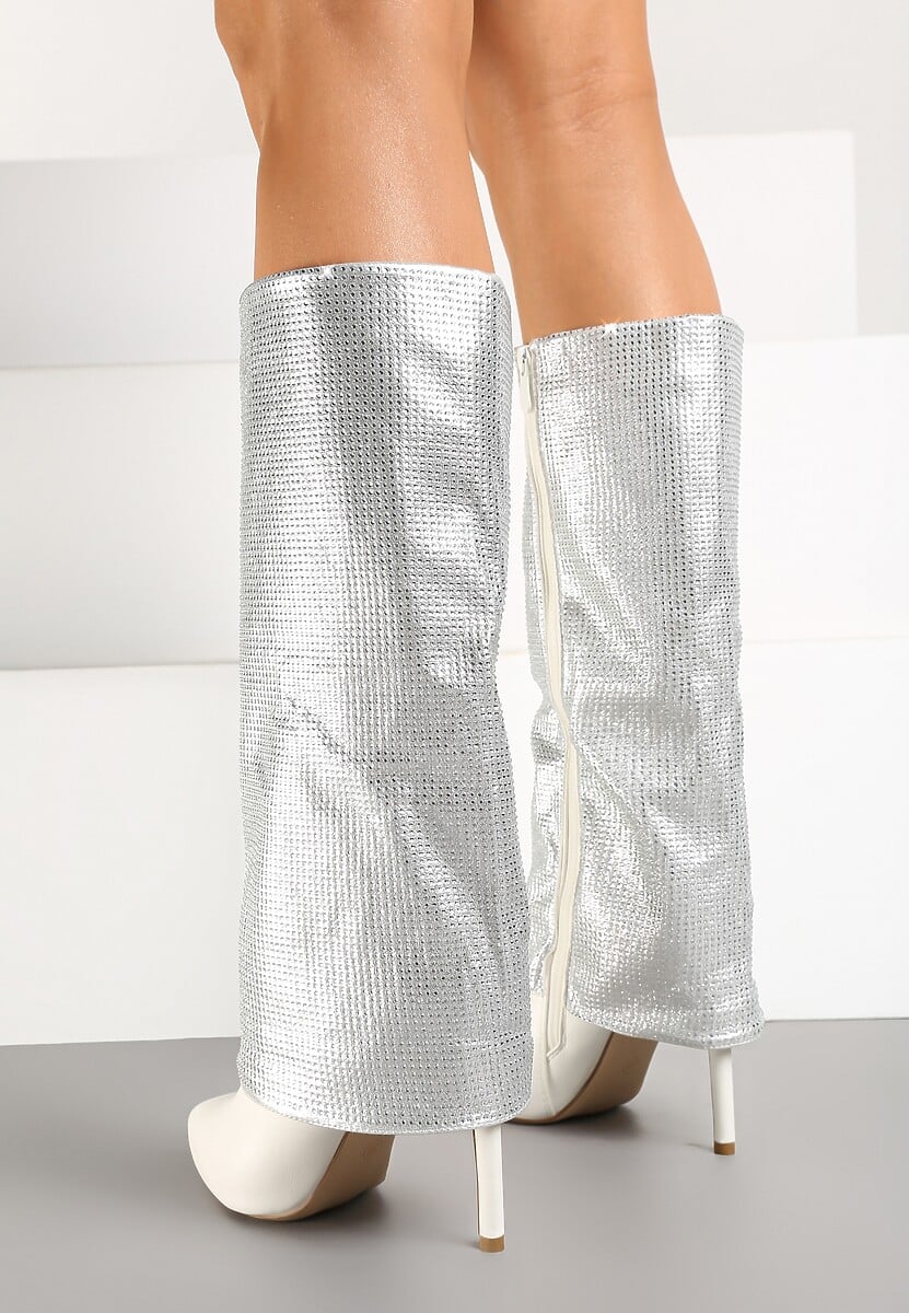 Białe Cyrkoniowe Kozaki na Obcasie Typu Szpilka z Cholewką Imitującą Nogawkę Valentila