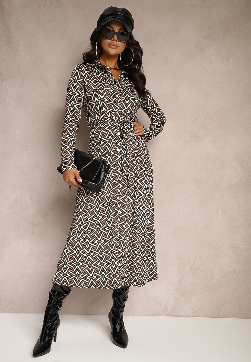 Czarno-Beżowa Koszulowa Sukienka z Wiskozą Ozdobiona Paskiem i Geometrycznym Wzorem Avaniqua