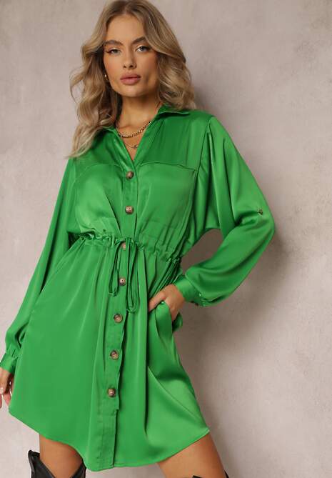Zielona Sukienka Mini z Kołnierzem i Ściągaczem w Pasie Minal