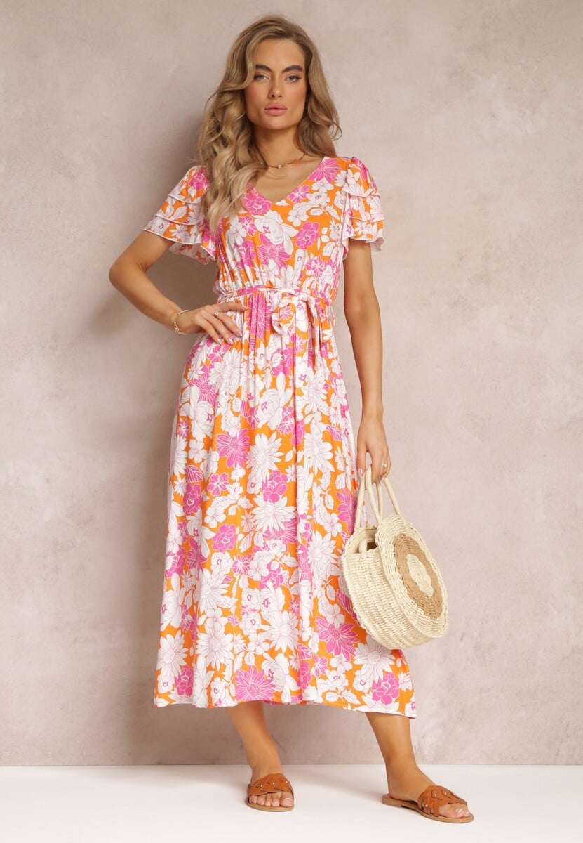 Pomarańczowa Sukienka z Wiskozy w Kwiaty z Wiązanym Paskiem Malore