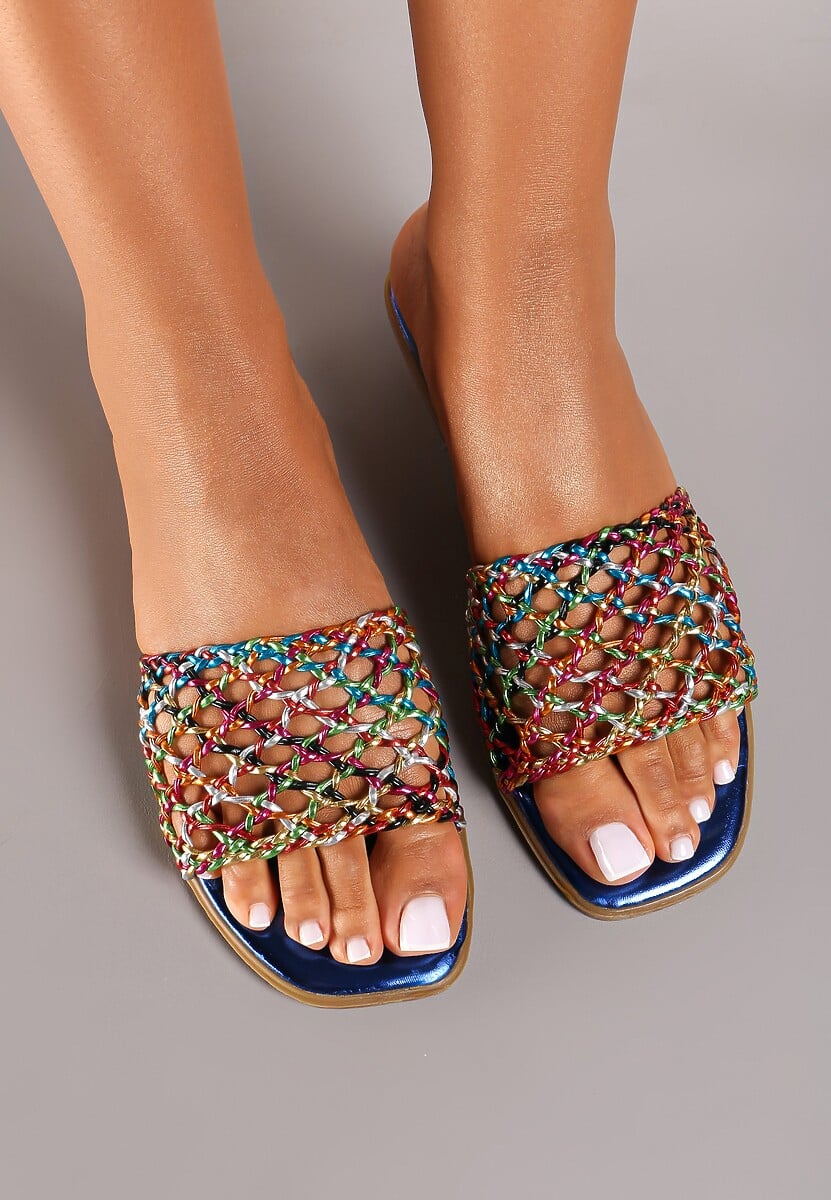 Niebieskie Płaskie Klapki Ozdobione Plecionką Nelldine