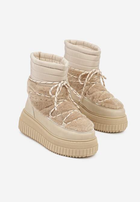 Ciemnobeżowe Śniegowce na Platformie z Tłoczeniem Ozdobione Futerkiem i Pikowaniem Adallie