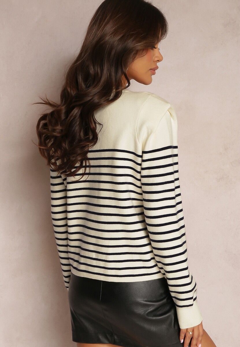 Beżowo-Granatowy Sweter z Podkreślonymi Ramionami w Paski Ominoze