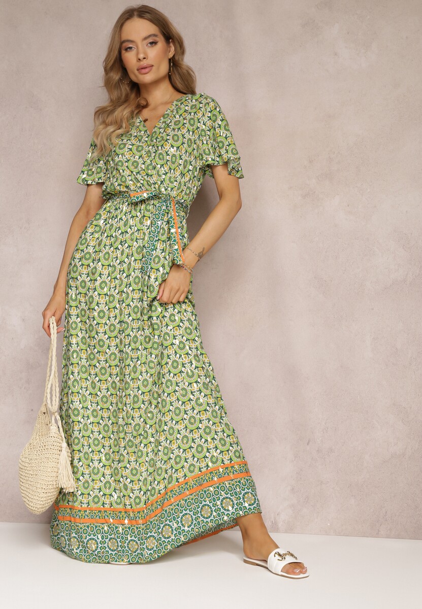Zielona Sukienka Maxi z Paskiem i Gumką w Talii w Ornamentalny Wzór Calvim