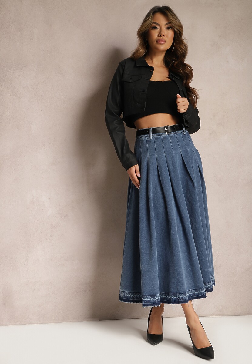 Czarna Rozkloszowana Spódnica Jeansowa z Paskiem z Klamrą Varnie