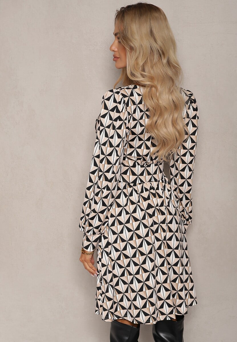 Beżowo-Czarna Sukienka z Kopertowym Dekoltem i Gumką w Talii Hiorre