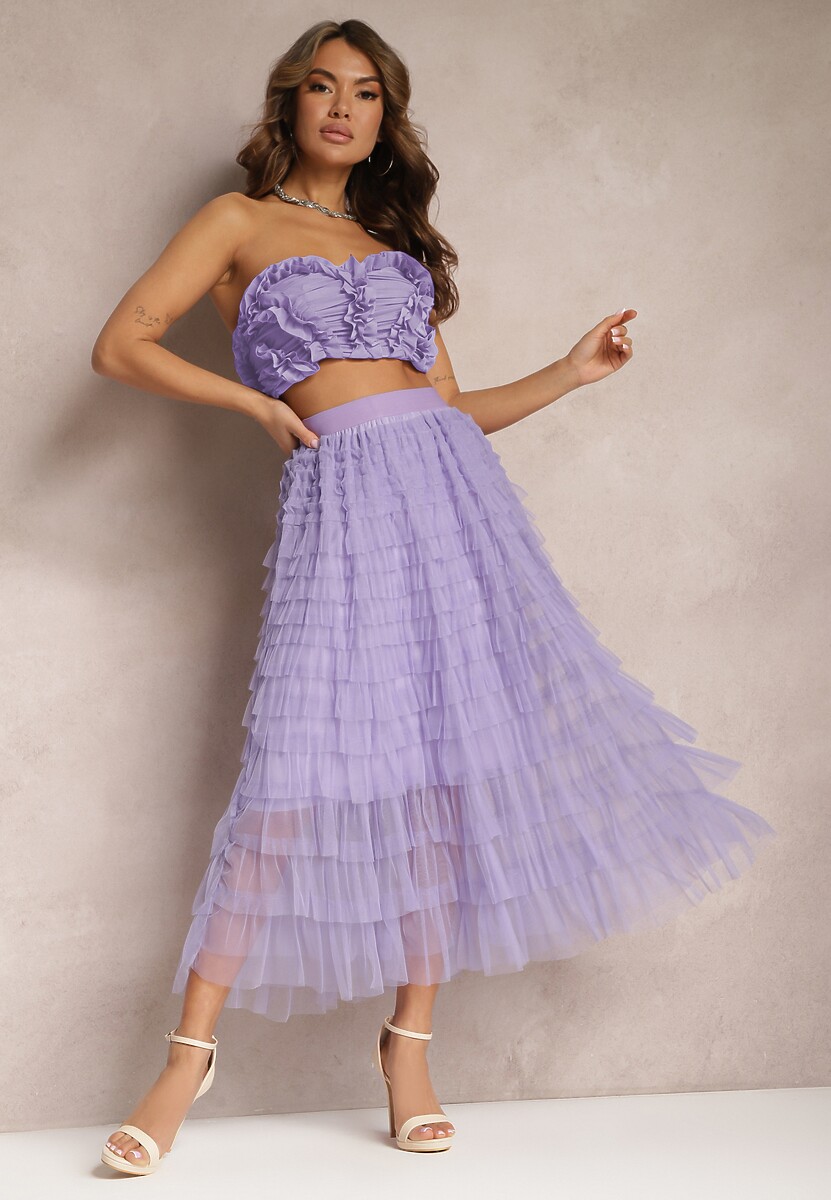 Jasnofioletowa Tiulowa Spódnica Maxi z Gumką w Pasie i Falbankami Mahlia