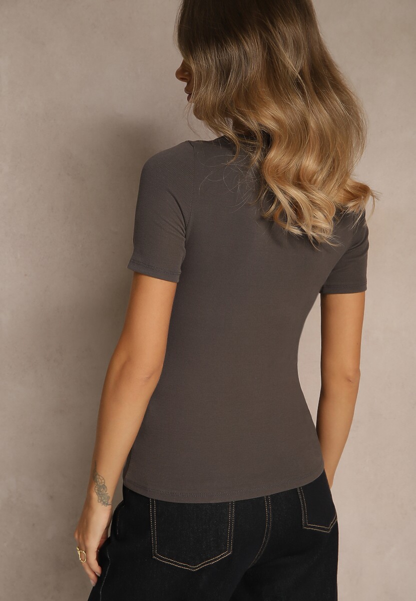 Ciemnoszary Bawełniany T-shirt Prążkowany z Guzikami Florvivi