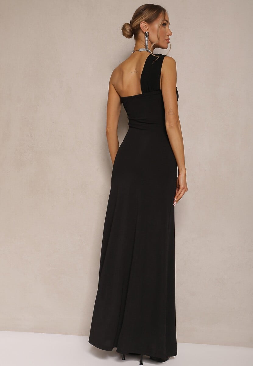 Czarna Asymetryczna Sukienka Koktajlowa Ozdobiona Metaliczną Aplikacją Divianis