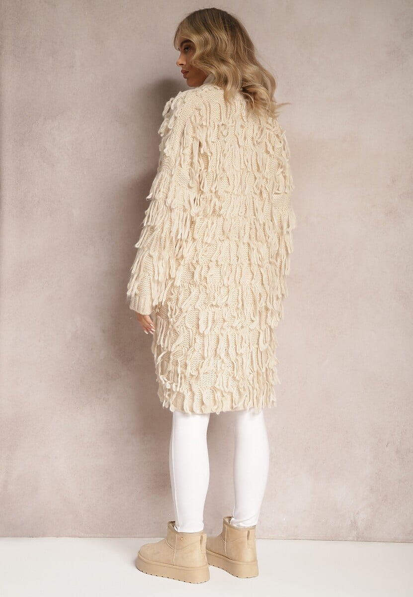 Jasnobeżowy Niezapinany Kardigan w Ozdobne Frędzle Massawa