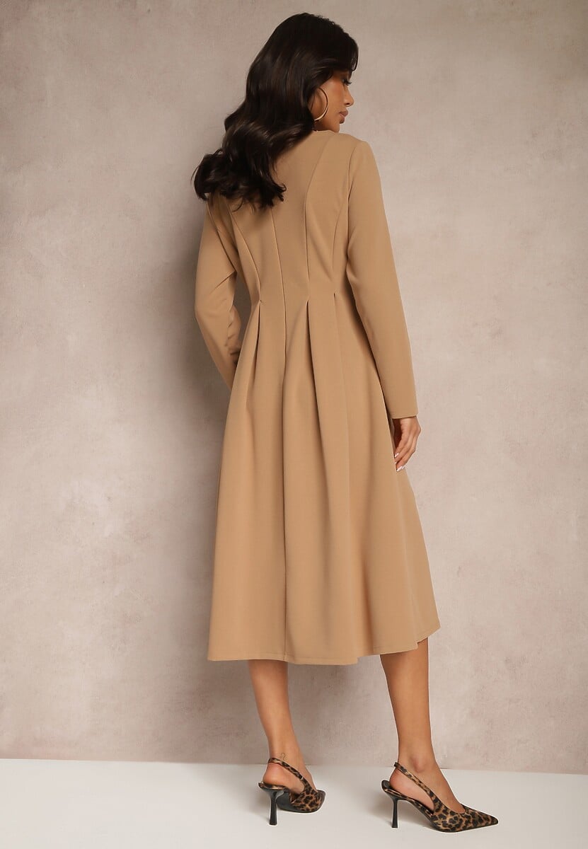 Ciemnobeżowa Rozkloszowana Sukienka w Eleganckim Stylu Temilissa