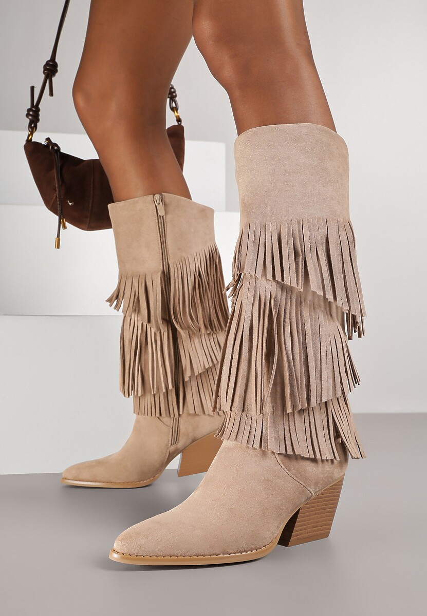 Ciemnobeżowe Kozaki Kowbojki na Stożku Ozdobione Frędzlami Giolanda