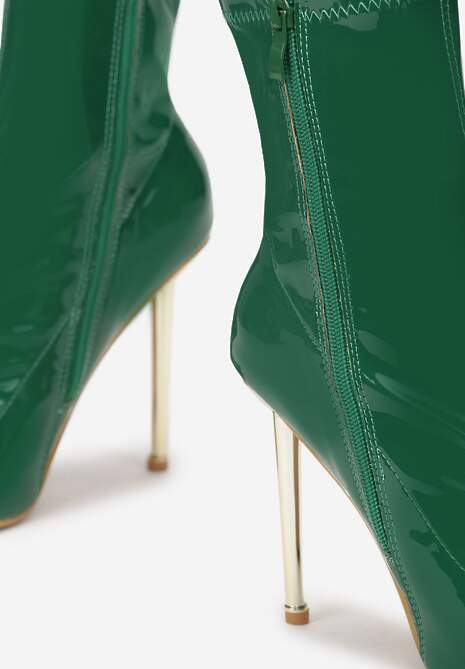 Zielone Botki Lakierowane z Metalicznym Obcasem Maddies