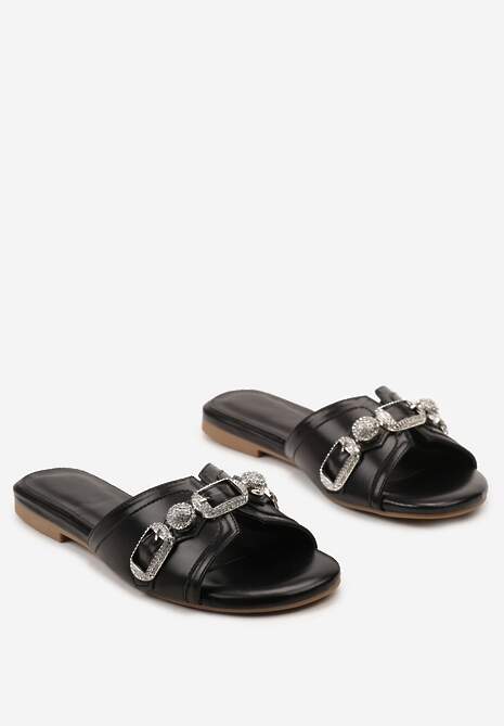 Czarne Wsuwane Klapki z Ekoskóry z Szerokim Paskiem o Metalicznym Połysku i Cyrkoniami Inesqua