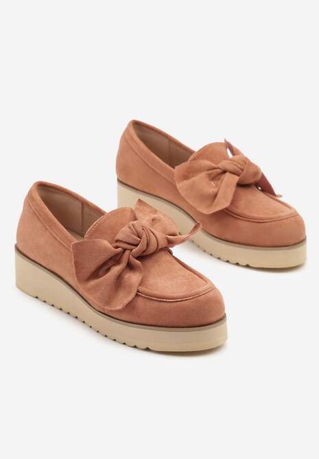 Różowe Mokasyny z Ekozamszu na Niskiej Platformie z Ozdobną Kokardą Nusalena