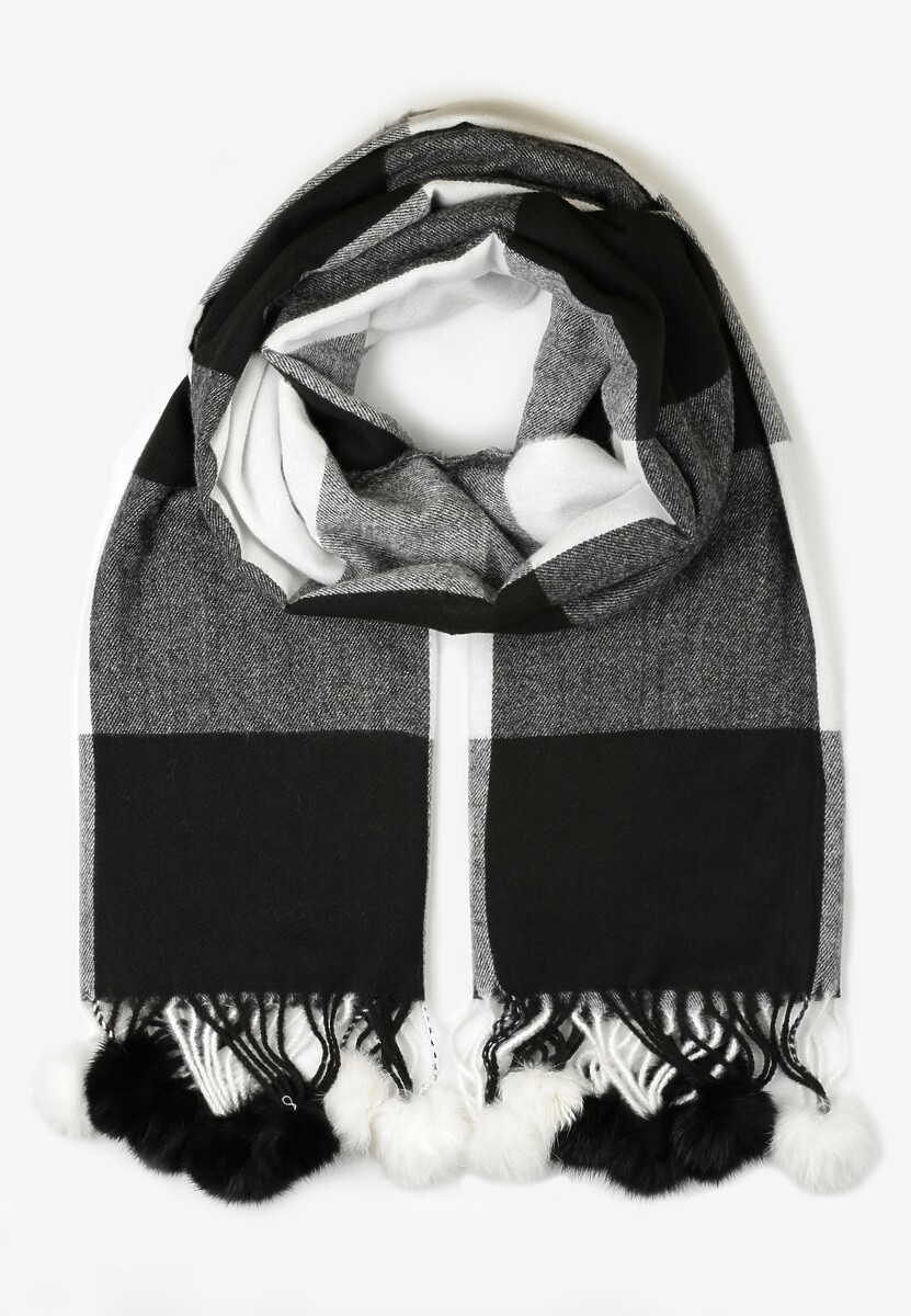 Czarny Szalik w Szeroką Kratę z Pomponami Voso
