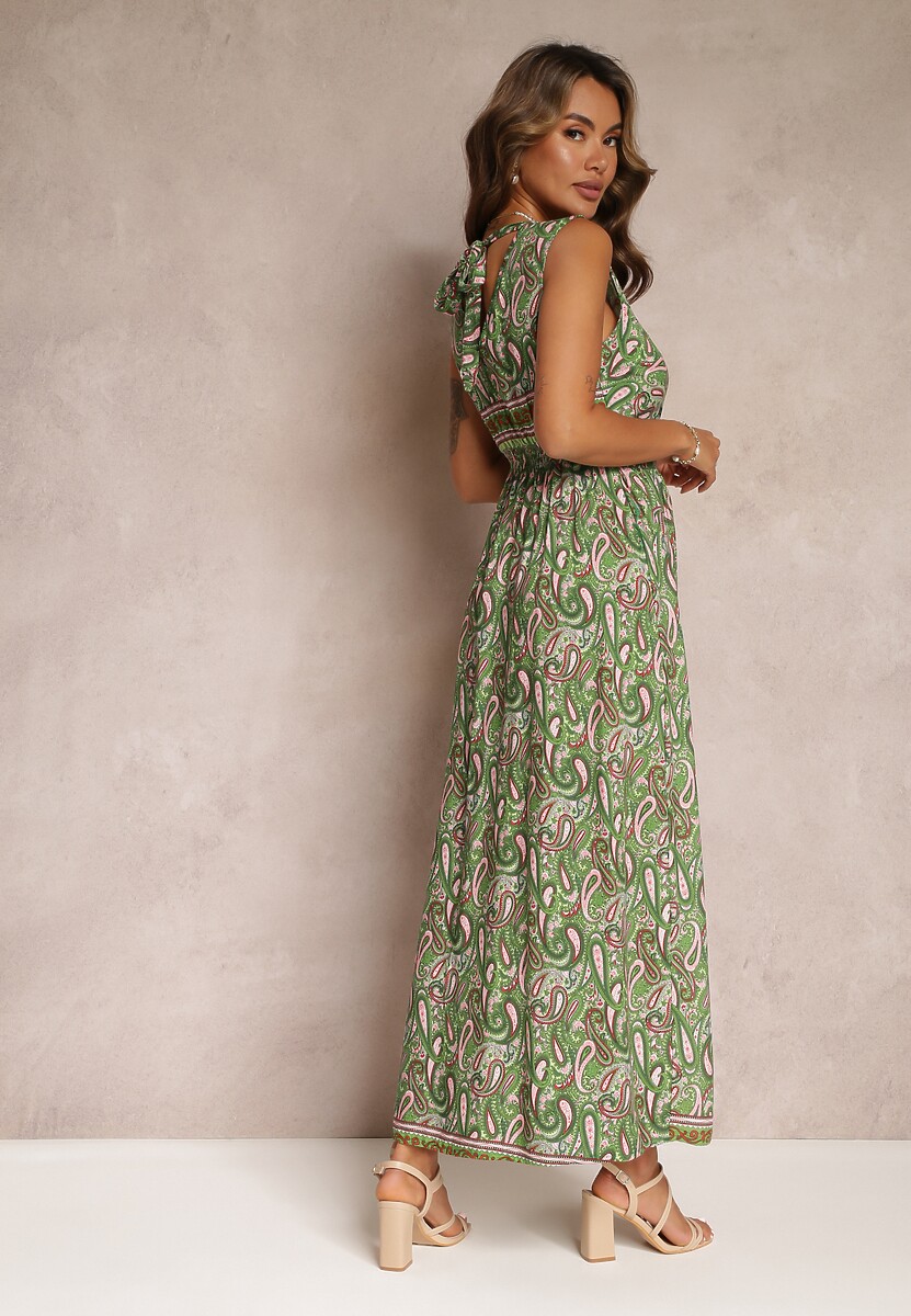 Zielona Wiskozowa Sukienka Paisley Maxi z Głębokim Dekoltem Shinne