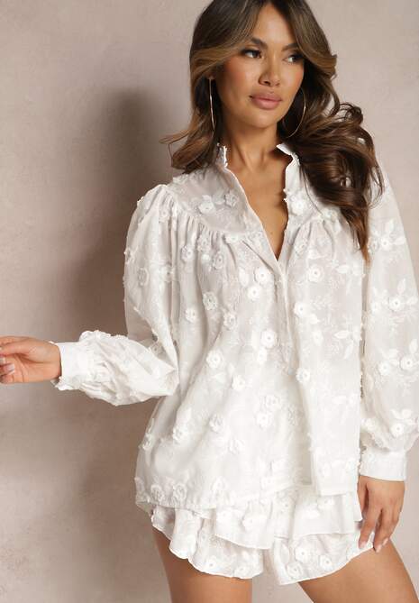 Biała Haftowana Koszula z Bawełny z Guzikami Giriana