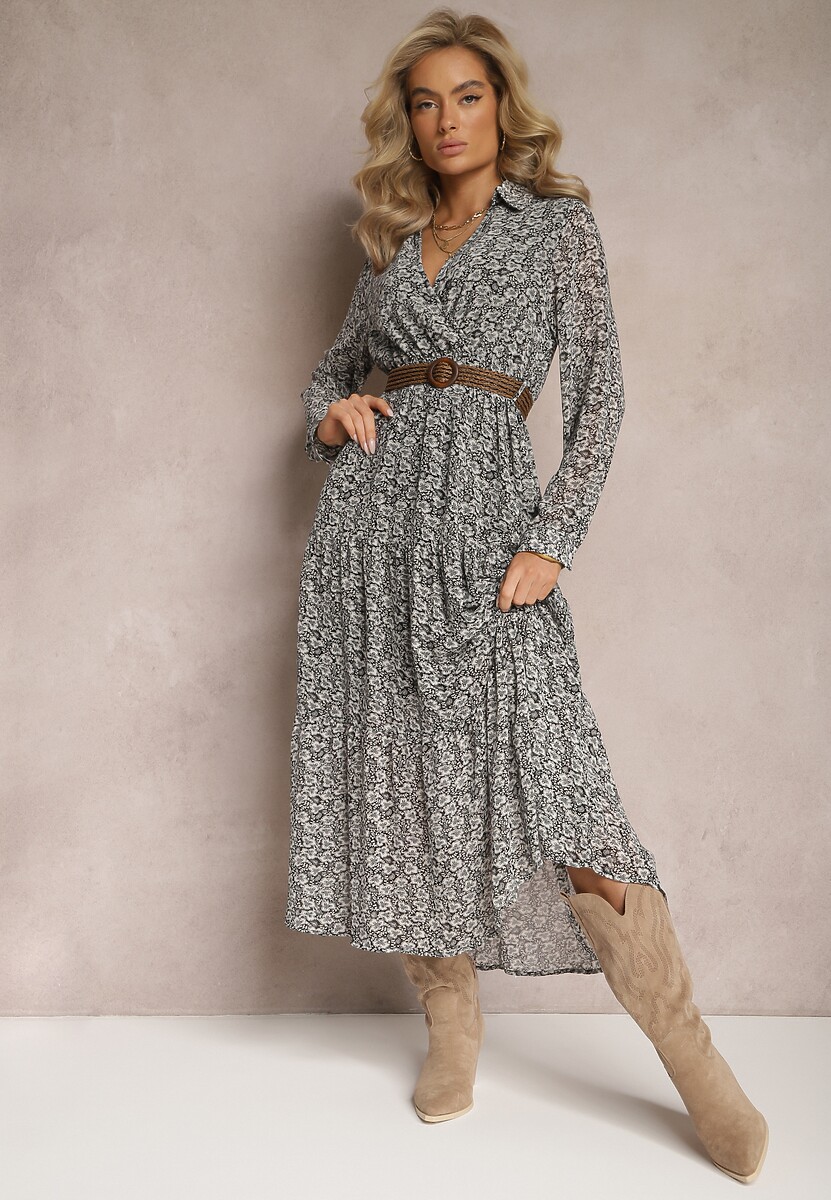 Biało-Czarna Sukienka Rozkloszowana w Kwiaty z Paskiem Rakhila