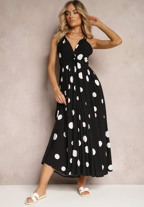 Czarna Wiskozowa Sukienka z Gumką w Pasie i Wiązaniem na Szyi i Plecach Kamaries