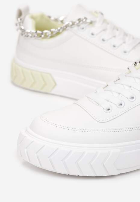 Biało-Żółte Sneakersy na Tłoczonej Platformie Ozdobione Łańcuchem Jaihini