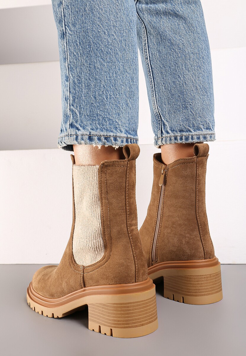 Ciemnobeżowe Botki na Słupku w Stylu Sztybletów z Elastyczną Gumką Ciandra