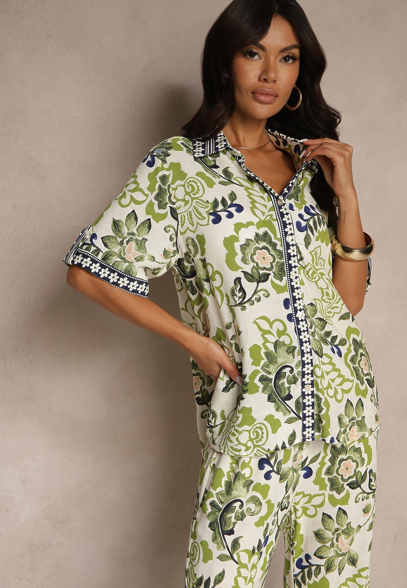 Niebieska Wiskozowa Koszula w Kwiaty Milandena