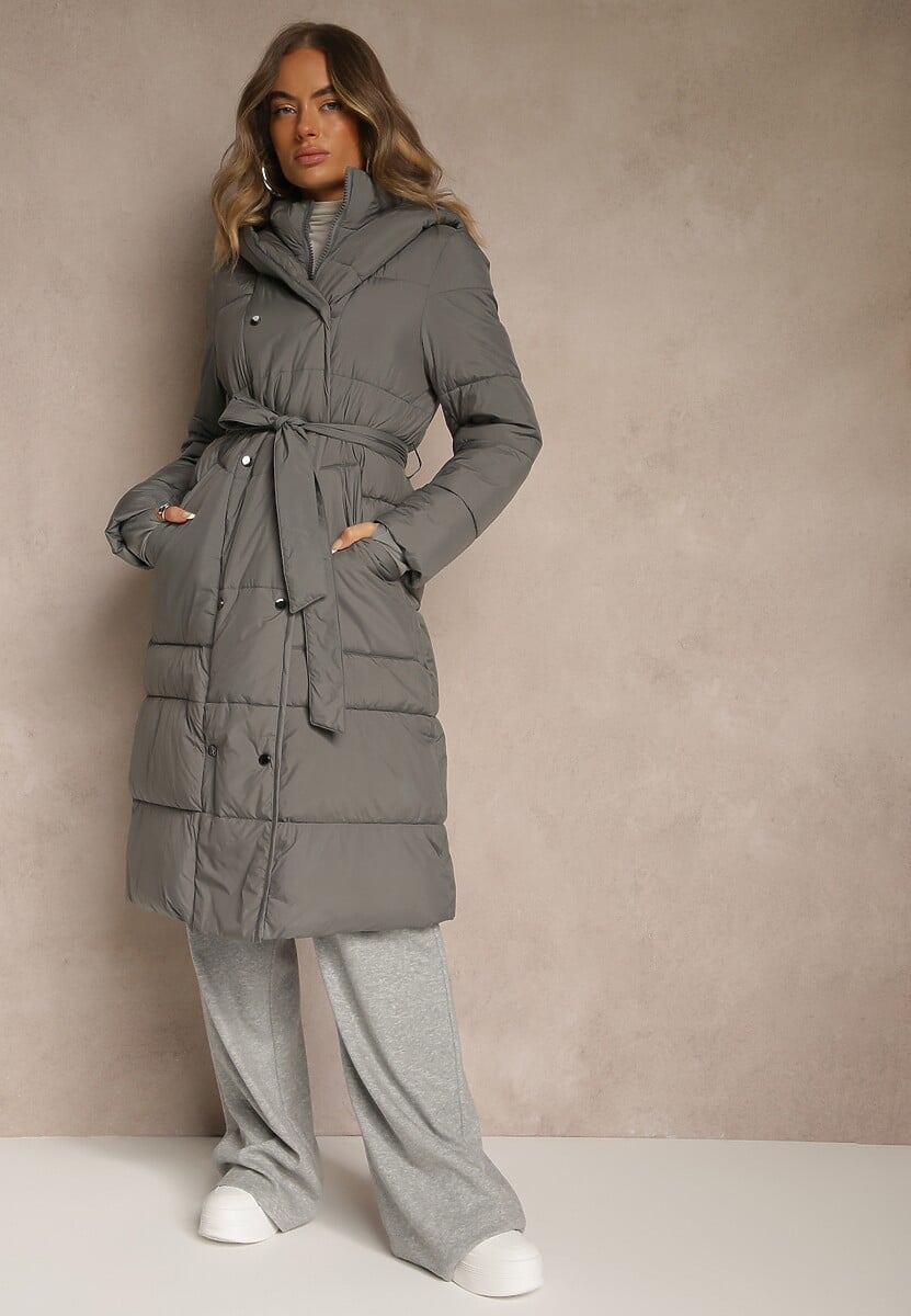 Ciemnoszara Długa Kurtka Pikowana z Kapturem i Podwójnym Kołnierzem Wiązana w Talii Ravilya