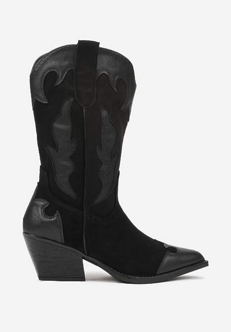 Czarne Kozaki Kowbojki na Stożku z Tłoczoną Cholewką Avrenne