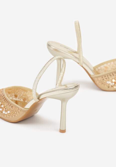 Złote Szpilki Slingback Zdobione Perełkami i Cekinami Irifera