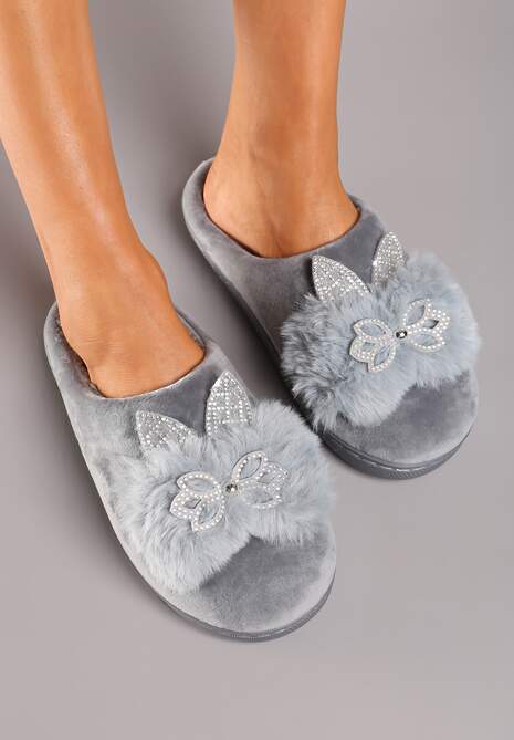 Szare Kapcie na Płaskiej Podeszwie z Cyrkoniami i Futerkiem Dezilie