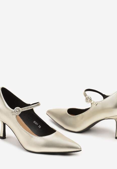 Złote Czółenka na Obcasie Kaczuszka ze Szpiczastym Noskiem i Ozdobnym Paseczkiem Dailithe