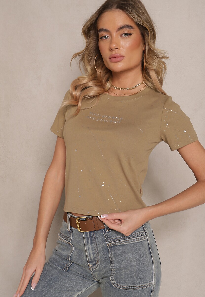 Ciemnozielony T-shirt z Bawełny z Brokatem i Cyrkoniami Ilirana