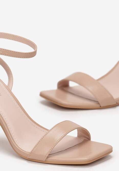 Ciemnobeżowe Sandały na Stożkowym Obcasie ze Sprzączką Arke