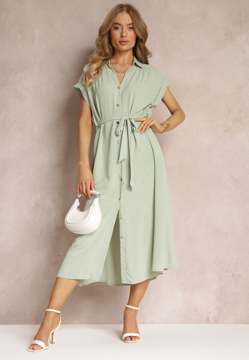 Jasnozielona Koszulowa Sukienka z Krótkimi Rękawami i Wiązanym Paskiem Denalia