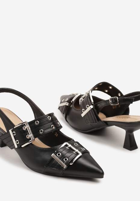 Czarne Sandały Slingback na Kaczuszce Zdobione Nitami i Klamrami Leaelia