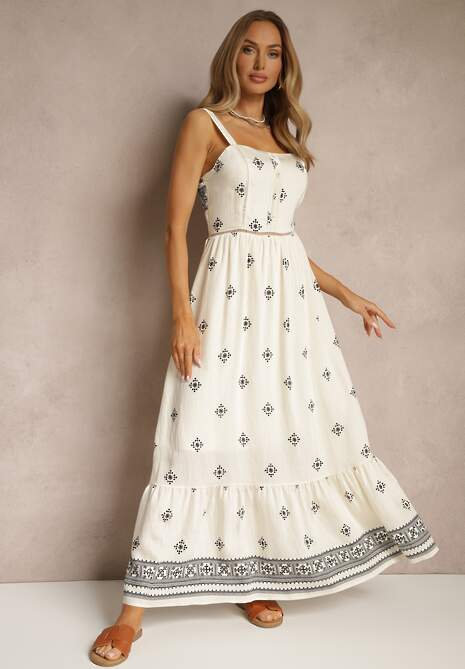 Czarna Sukienka z Wiskozą o Rozkloszowanym Kroju na Ramiączkach w Boho Print Leaella