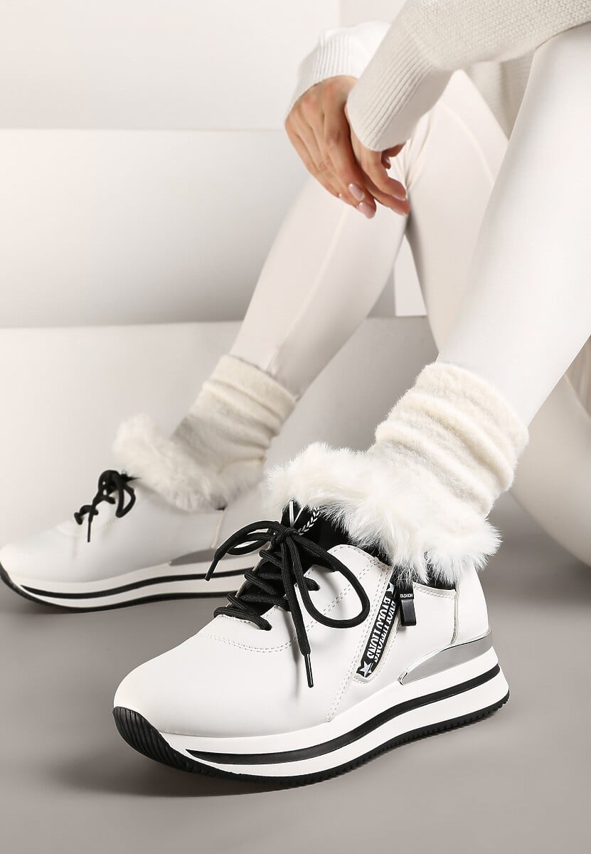 Białe Sznurowane Botki Sneakersy z Futerkiem Gameda